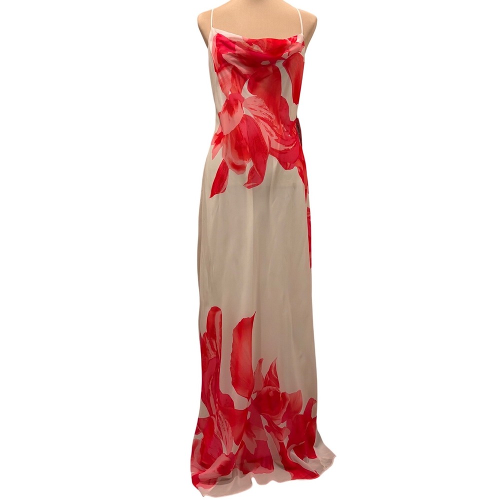Premier Amour Maxi Dress Womens 16 White Red Floral Cowl Neck Cross Back Gown